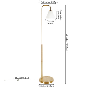 Brass Arched Floor Lamp With White Frosted Glass Cone Shade